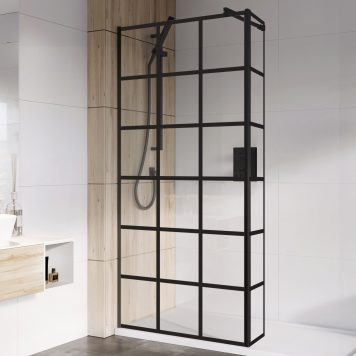 Bathstore Walk In Shower Pivot Deflector, Black Grid Glass 2000 x 300mm - Black (8mm Glass)