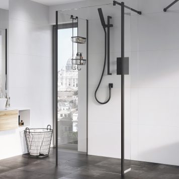 Bathstore Walk In Shower Pivot Deflector, Clear Glass 2000 x 300mm - Black (10mm Glass)