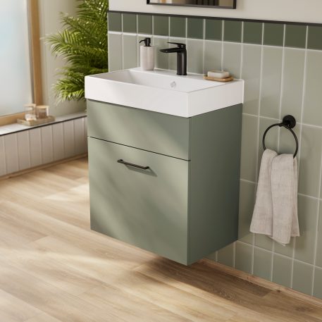 Bliss 600mm Wall Hung 1 Drawer Vanity Unit & Basin - Reed Green