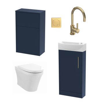 Bueno Bathroom Package with 440mm Left Hand Floorstanding Vanity Unit - Midnight Blue/Brushed Brass