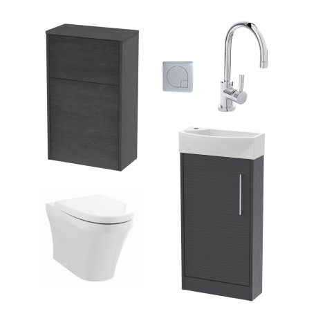 Bueno Bathroom Package with 440mm Right Hand Floorstanding Vanity Unit - Graphite Grey Woodgrain/Chrome