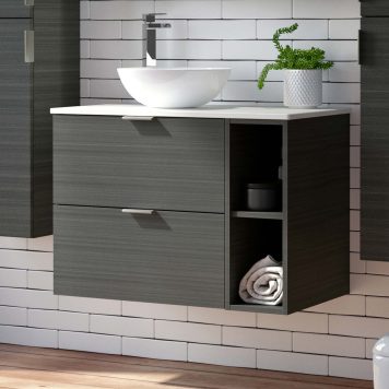 Lindo 600mm Wall Hung Standard Depth Two Drawer Vanity Unit, 1 x 200mm Open Shelf Unit & White Slate Worktop - Linear Anthracite