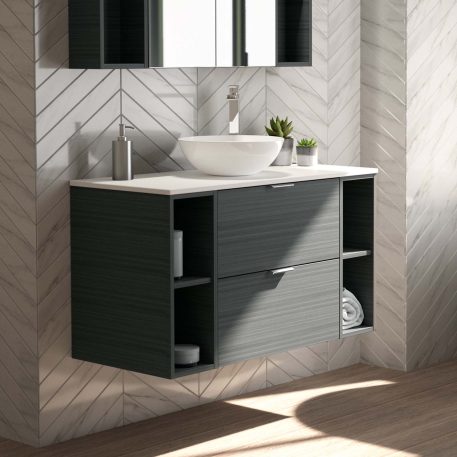 Lindo 600mm Wall Hung Standard Depth Two Drawer Vanity Unit, 2 x 200mm Open Shelf Units, White Slate Worktop - Linear Anthracite