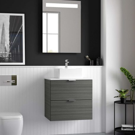 Lindo 600mm Wall Hung Standard Depth Two Drawer Vanity Unit & White Slate Worktop - Linear Anthracite