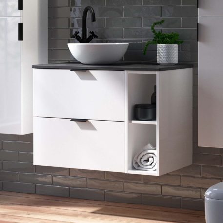 Lindo 800mm Wall Hung Standard Depth Two Drawer Vanity Unit, 1 x 200mm Open Shelf Unit with Graphite Slate Worktop - White Gloss