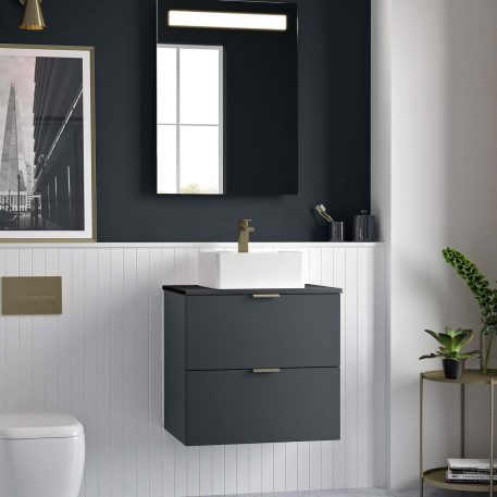 Lindo 800mm Wall Hung Standard Depth Two Drawer Vanity Unit & Graphite Slate Worktop - Matt Blue