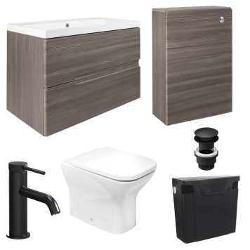 Vermont Bathroom Package with 800mm Wall Hung Vanity Unit & WC Unit in Grey Avola, Toilet, Tap, Waste & Concealed Cistern