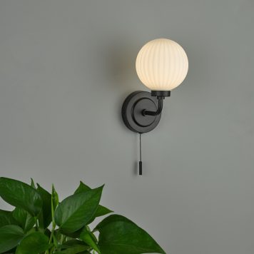 Dar Lighting Alrik Bathroom Wall Light In Black With Ribbed Opal Glass Shade IP44